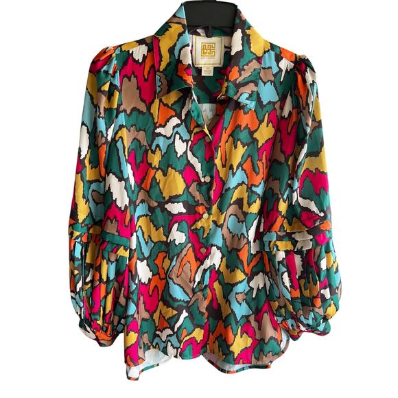 EMILY MCCARTHY Oxford Fall IKAT Artsy dramatic sleeves blouse  NWOT Sz XS - Picture 1 of 10